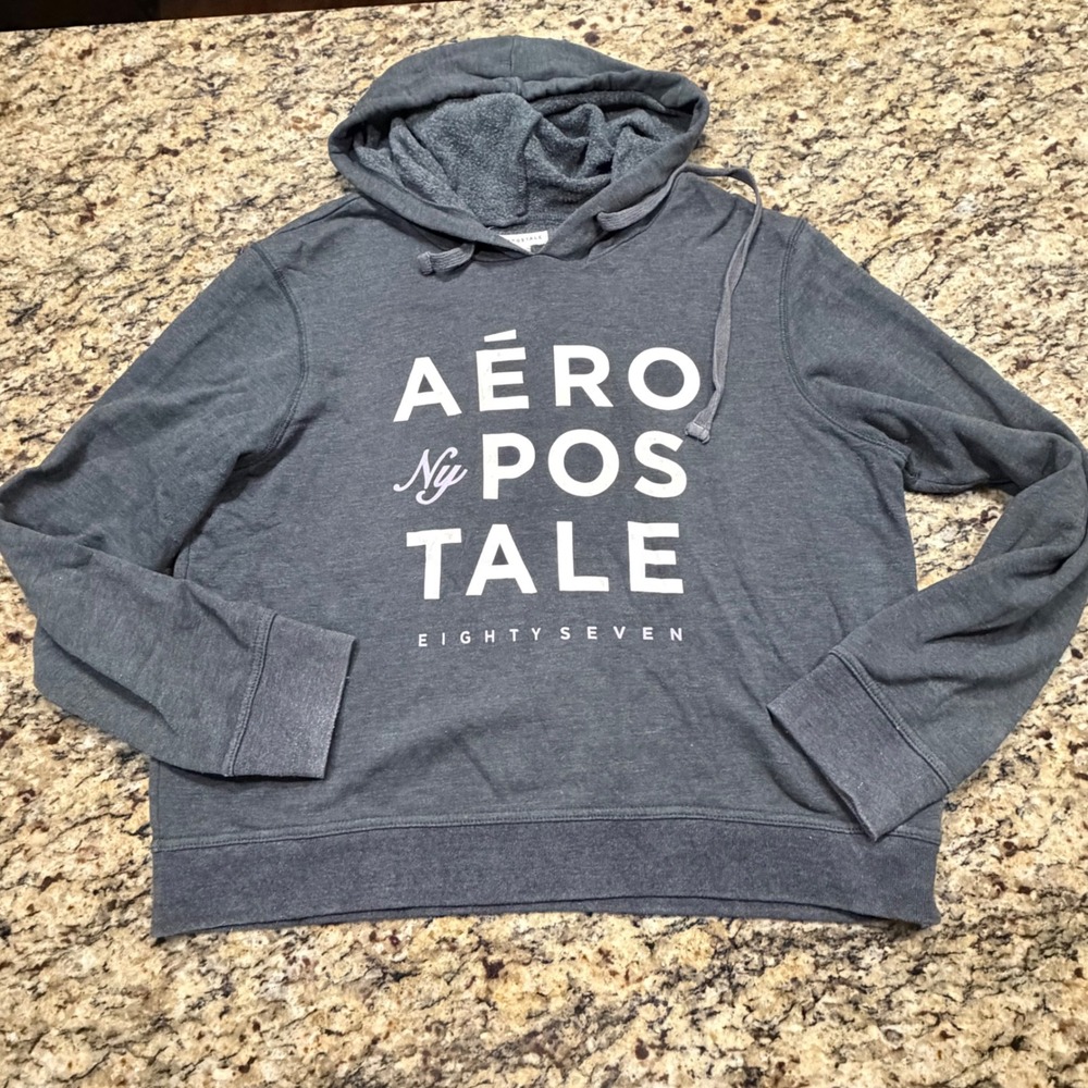 Aeropostale Womens Graphic Hoodie Charcoal Gray Pullover Sweatshirt L‎